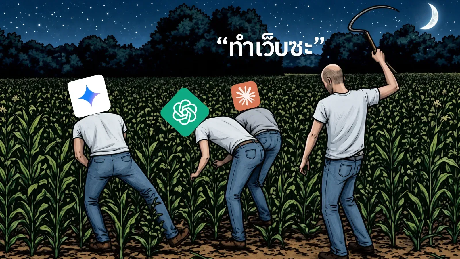 คนกำลังทำงานในไร่ข้าวโพดใต้ท้องฟ้ายามค่ำ พร้อมโลโก้ Gemini, ChatGPT และ Claude และข้อความ “ทำเว็บซะ”
